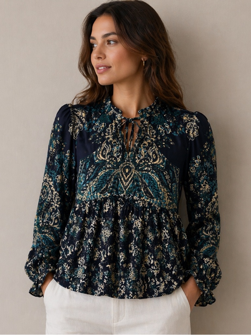 Free People Navy Teal Cream Paisley Tie-Neck Blouse